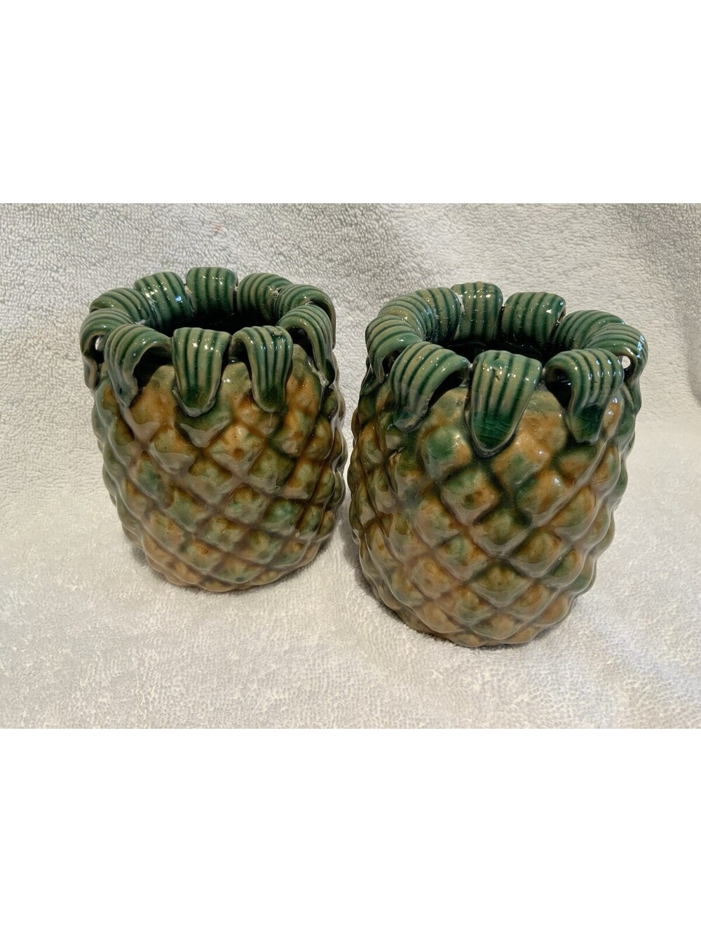 Handmade Ceramic Pineapple Glazed Vases Set of Two 4.25”H x 4”W